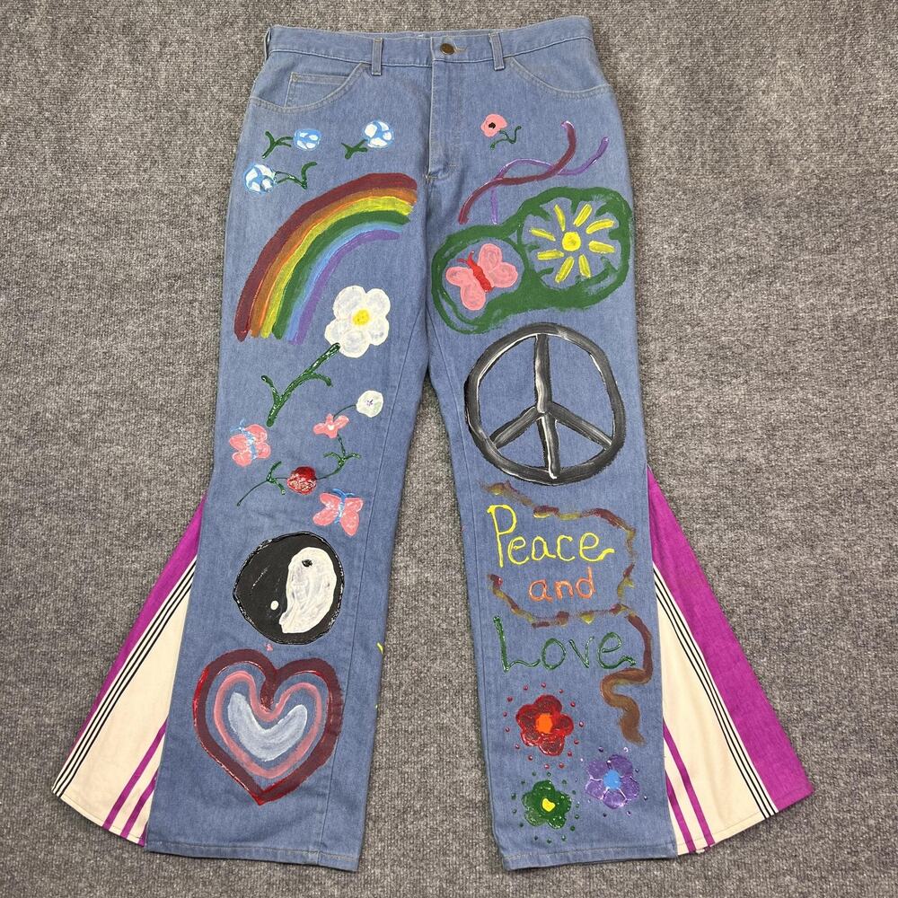 Vintage Lee Jeans Women 34x30 Bell Bottom Flare Paint Flower Power Hippie Peace